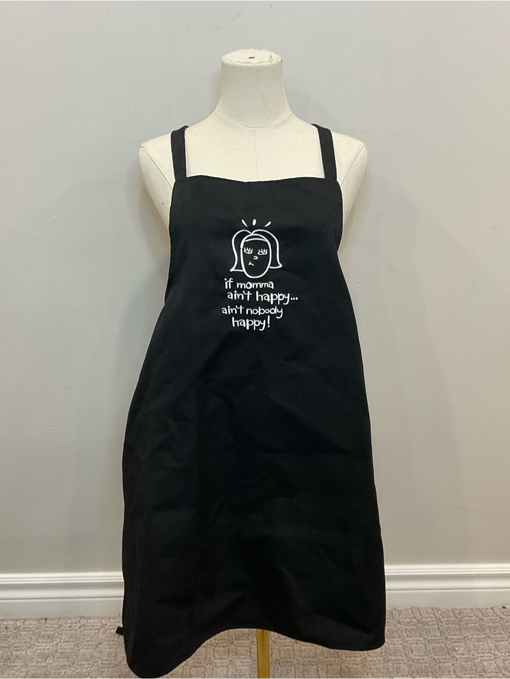 Black Casual Apron Dress with White Graphic Slogan